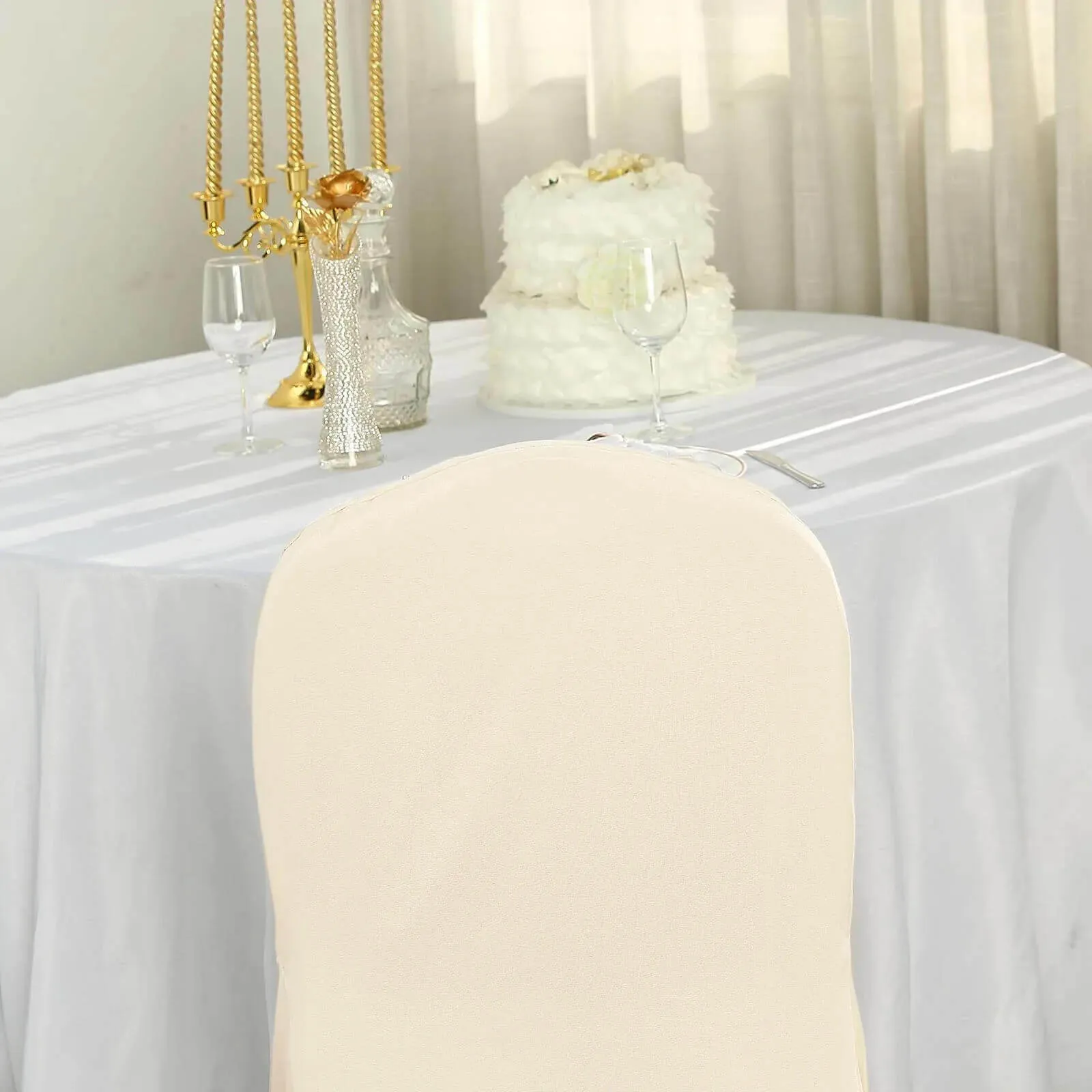 10 Pack Beige Polyester Banquet Chair Covers, Reusable Stain Resistant Slip On Chair Covers