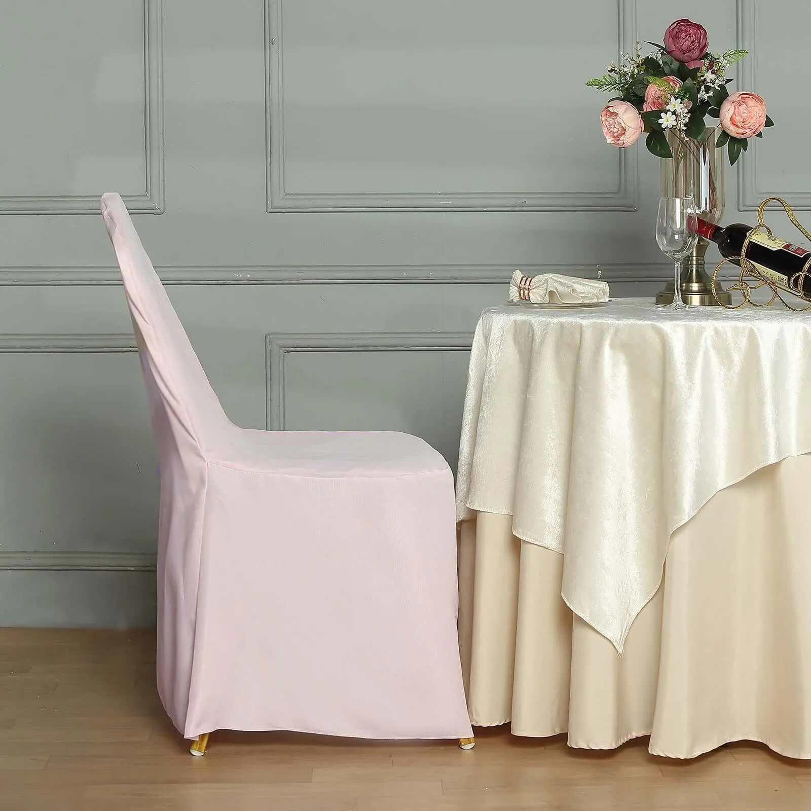 10 Pack Blush Polyester Banquet Chair Covers, Reusable Stain Resistant Slip On Chair Covers