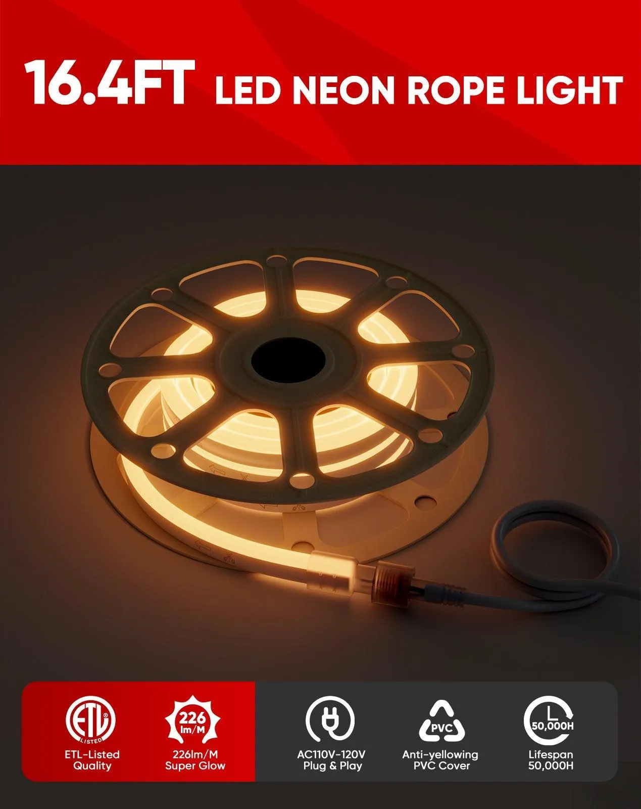 110V Super Bright Lum LED Neon Rope Light 2500K Warm White 226Lumens/M