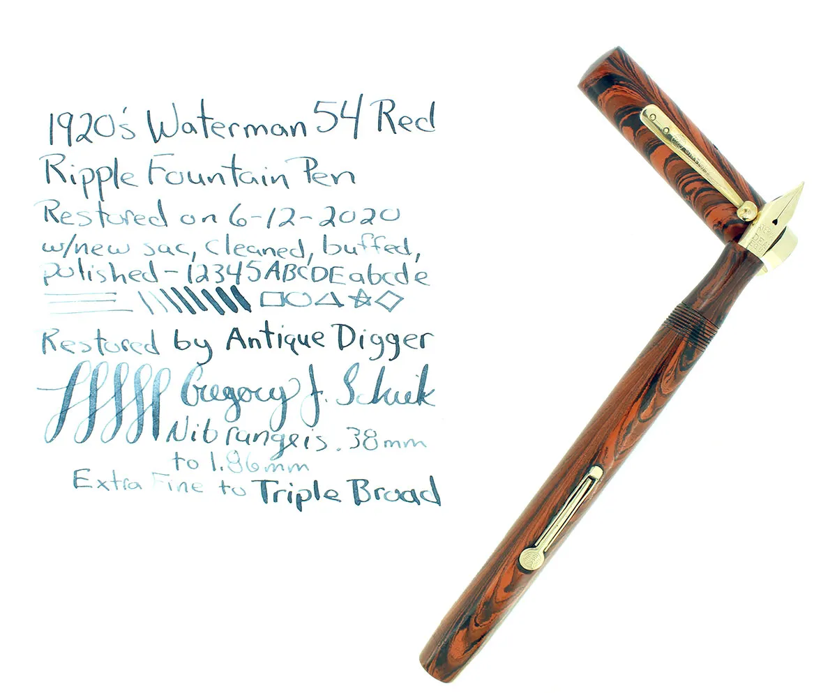 1920s WATERMAN 54 RED RIPPLE XF-BBB FLEX NIB FOUNTAIN PEN RESTORED