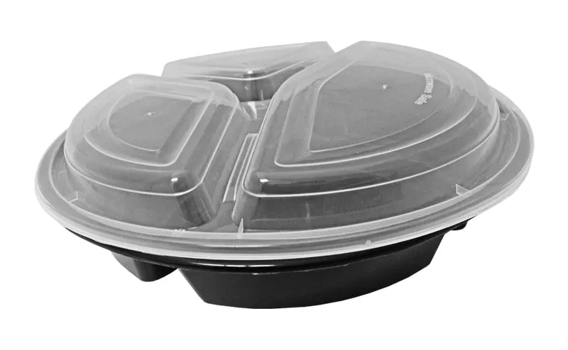 39 oz. Round Black 9" Container 3 Compartment w/Lid Combo 50/PK