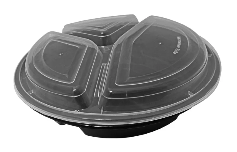 39 oz. Round Black 9" Container 3 Compartment w/Lid Combo 50/PK