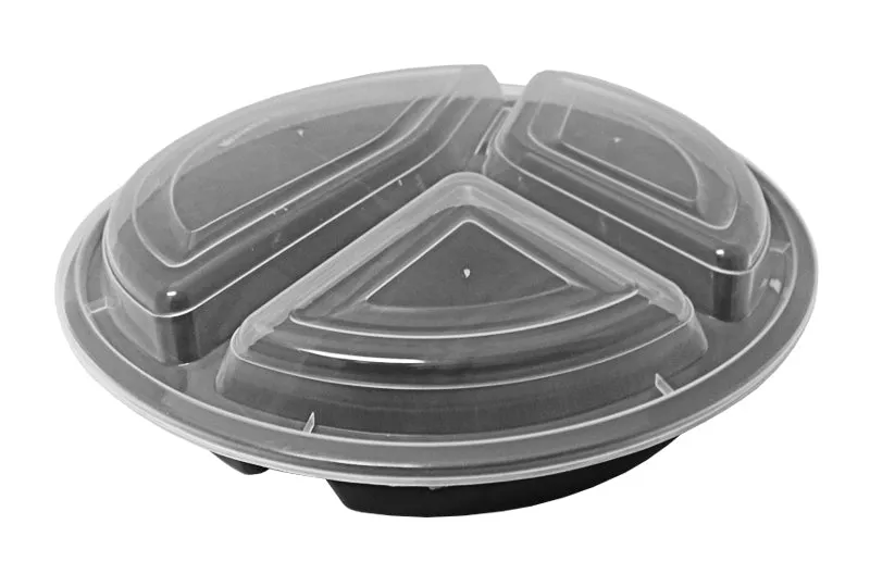 39 oz. Round Black 9" Container 3 Compartment w/Lid Combo 50/PK