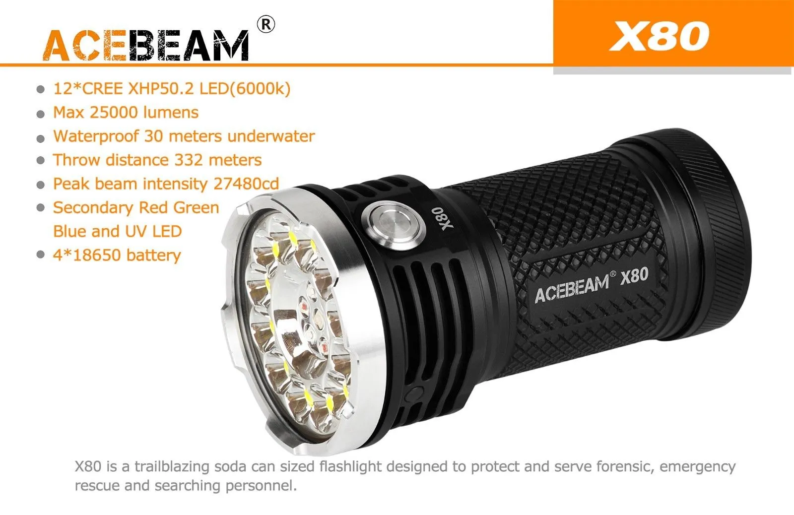 Acebeam X80 12*CREE XHP50.2 led 25000 lumens rescue searching led Flashlight