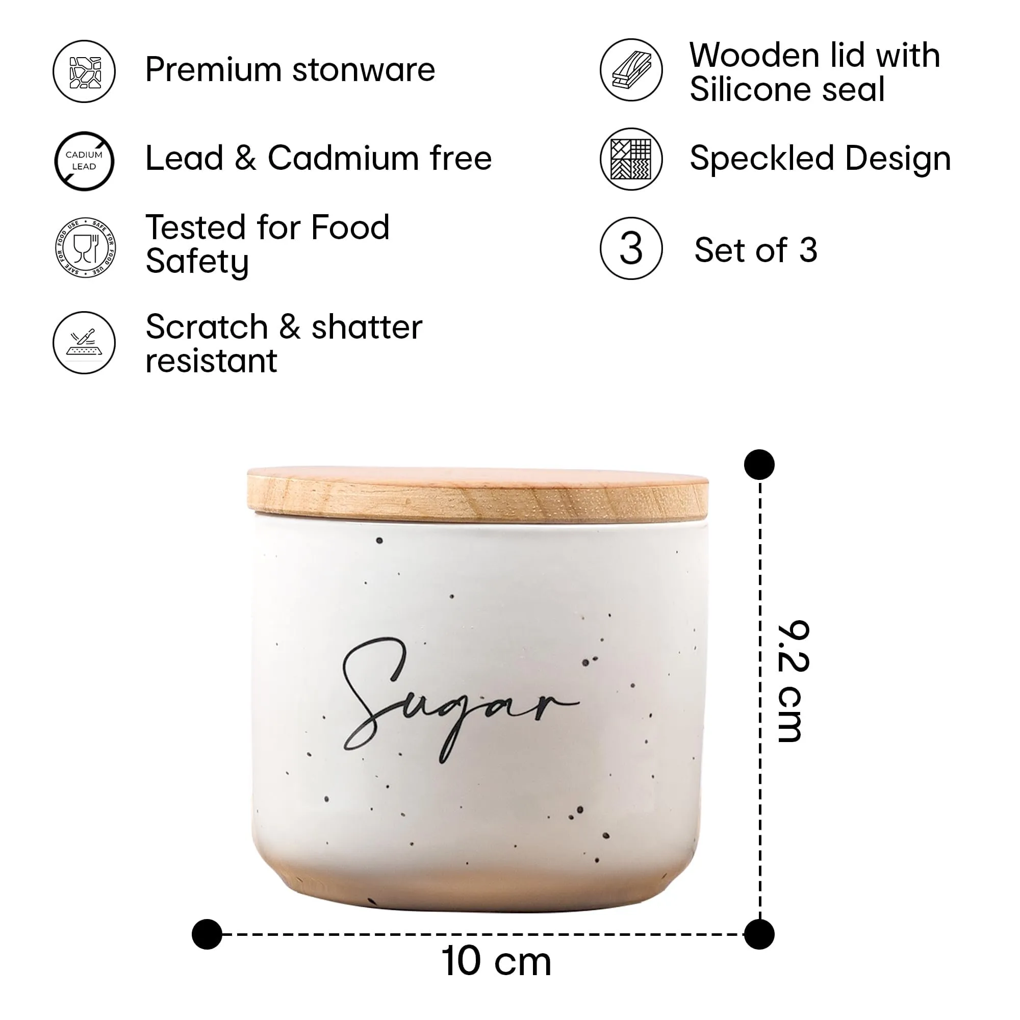 Anko 400ml White Tea Coffee Sugar Stoneware Ceramic Containers Set of 3 | Kitchen Storage Containers Set | Speckled Airtight Container Set for Kitchen