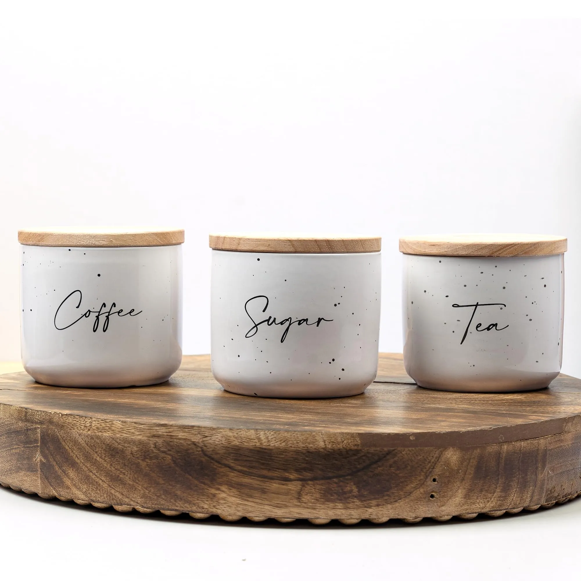 Anko 400ml White Tea Coffee Sugar Stoneware Ceramic Containers Set of 3 | Kitchen Storage Containers Set | Speckled Airtight Container Set for Kitchen