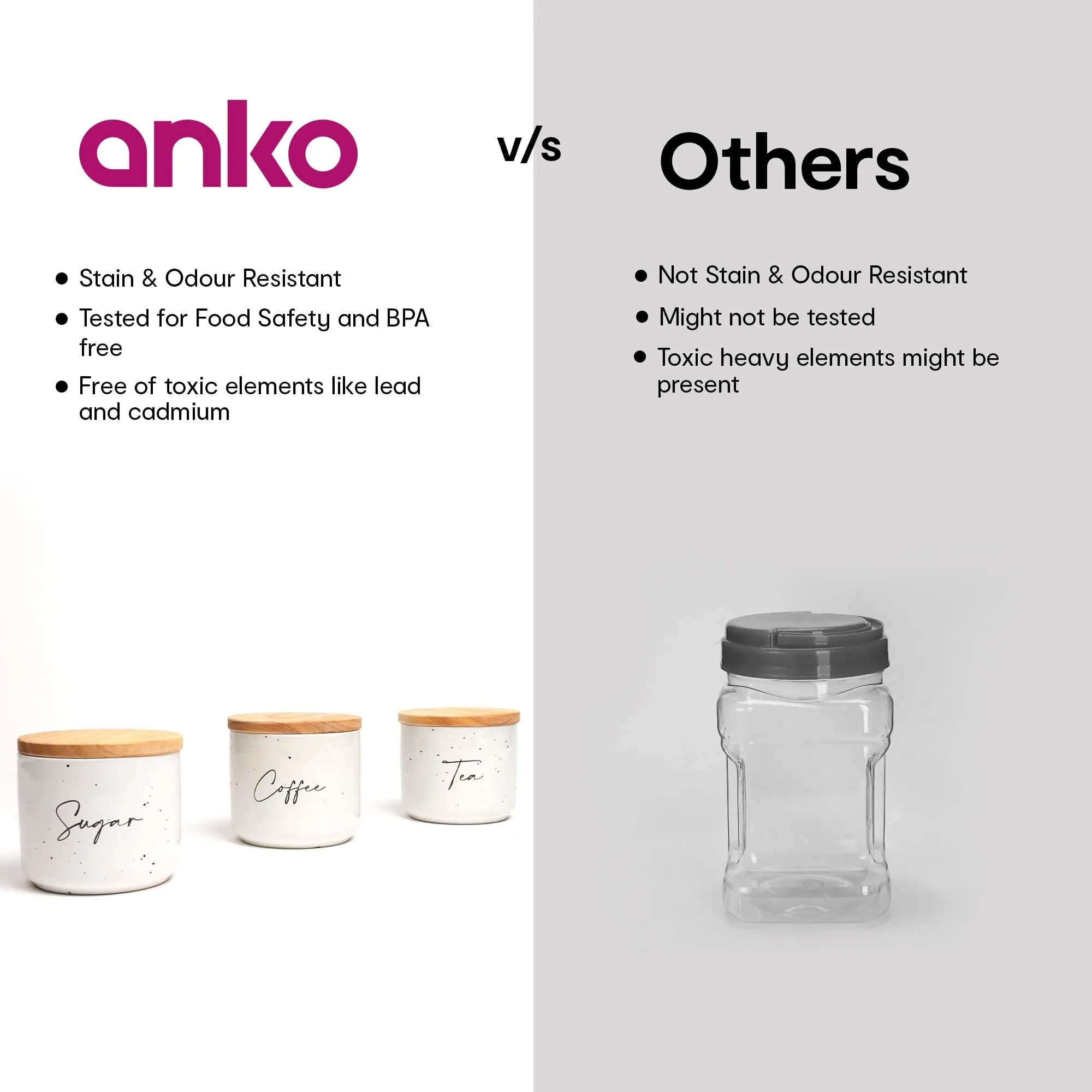 Anko 400ml White Tea Coffee Sugar Stoneware Ceramic Containers Set of 3 | Kitchen Storage Containers Set | Speckled Airtight Container Set for Kitchen