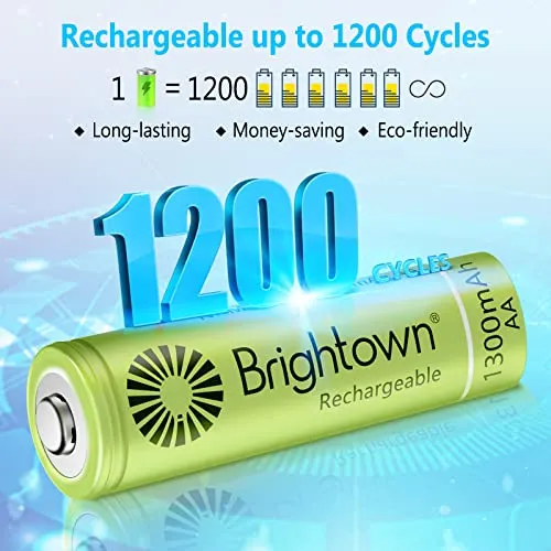 Brightown 12-Pack Rechargeable AA Batteries - 1300mAh 1.2V NiMH High Capacity Batteries - Ideal for Solar Lights & Home Devices, Recharge up to 1200x Times, Pre-Charged