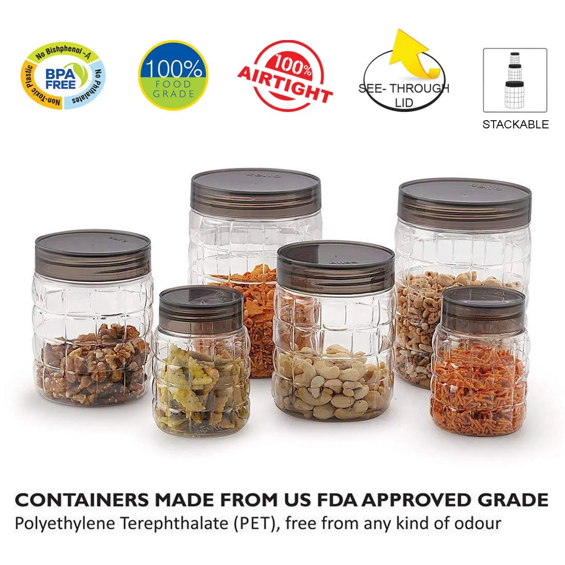 CELLO Checkers Pet Plastic Airtight Canister Set | Food grade and BPA free canisters | Air tight seal & Stackable Transparent | 300ml x 6, 650ml x 6, 1200 x 6, Set of 18