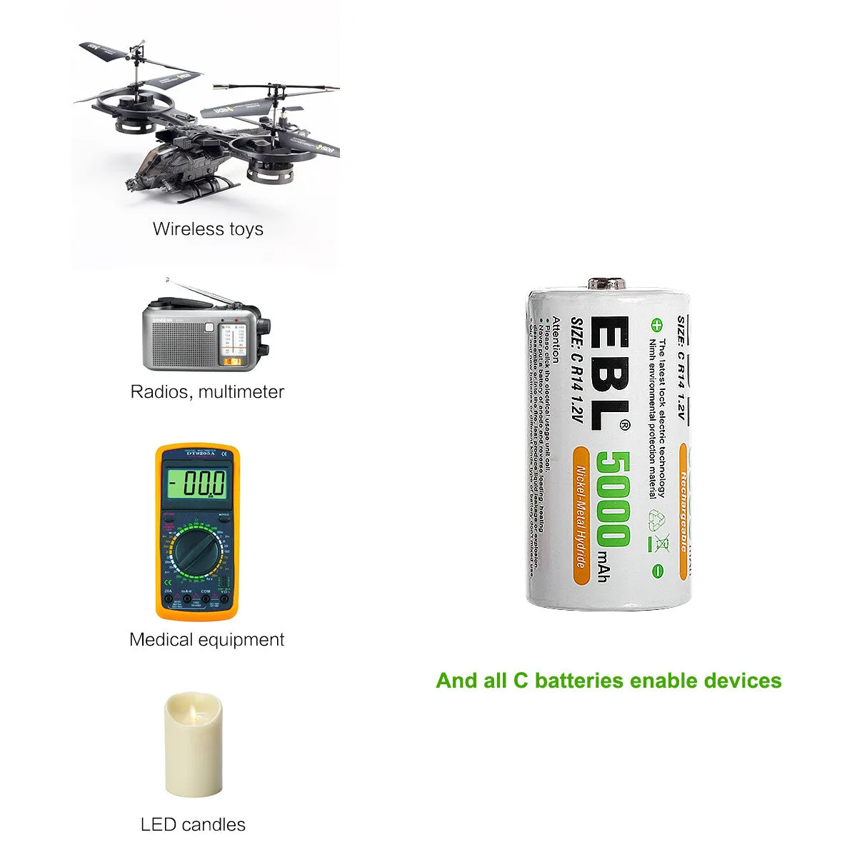 EBL Rechargeable C Batteries 5000mAh New Retail Package