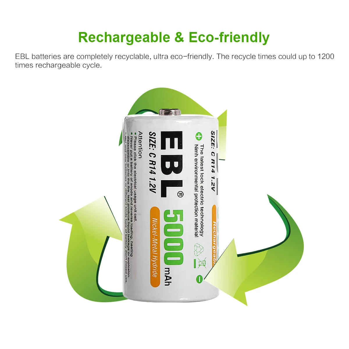 EBL Rechargeable C Batteries 5000mAh New Retail Package