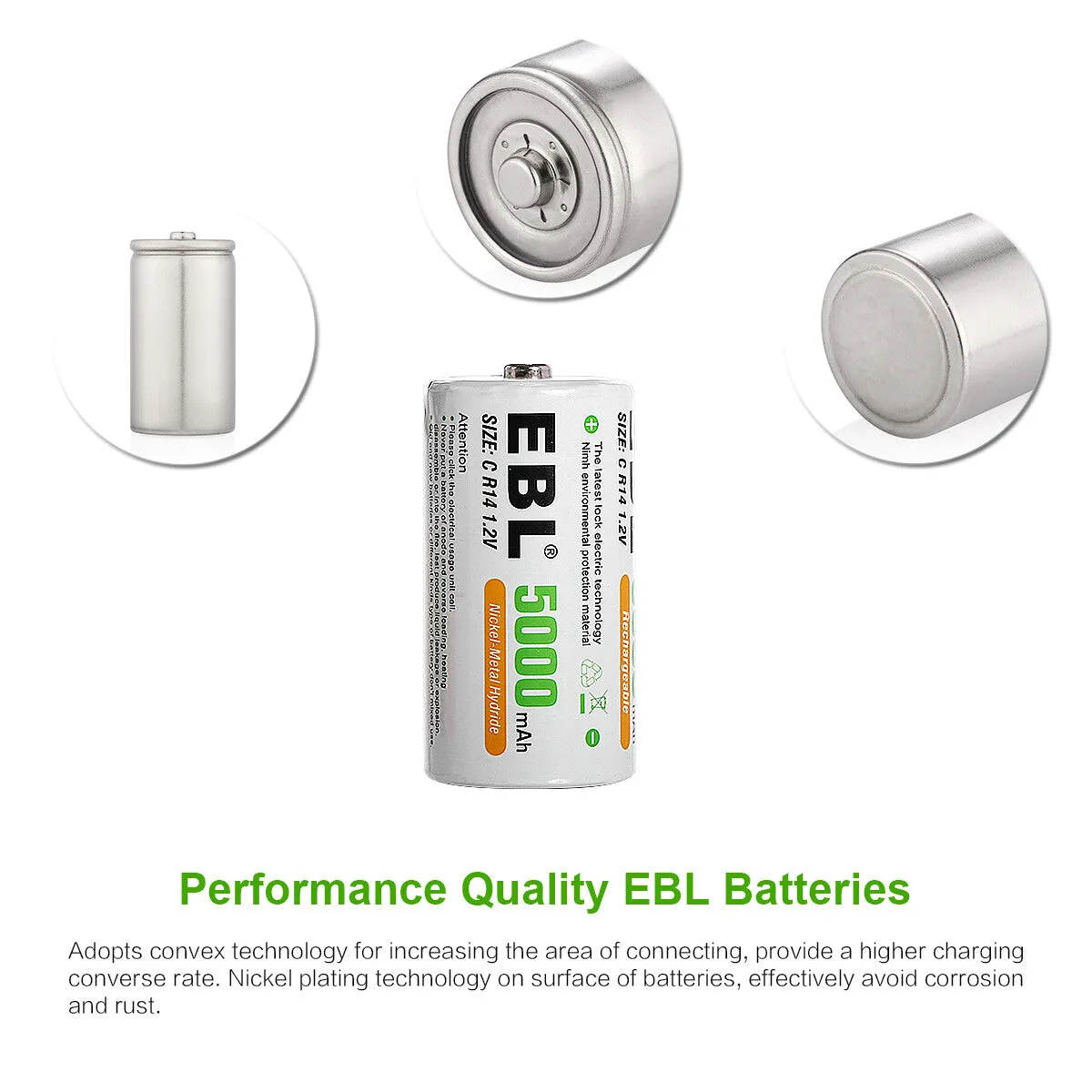 EBL Rechargeable C Batteries 5000mAh New Retail Package