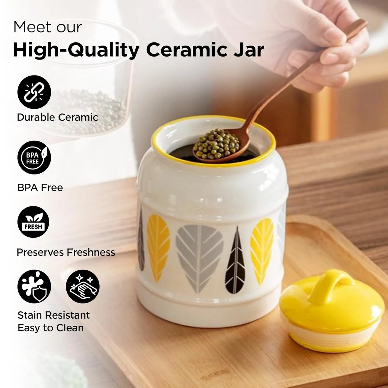 Ekhasa Big Ceramic Jar with Lid for Multipurpose Kitchen Storage (2500 ml, Yellow) | Airtight Container Storage Jar for Kitchen | Tea, Coffee, Sugar, Snacks, Salt Container | Pickle Storage Barni Jars