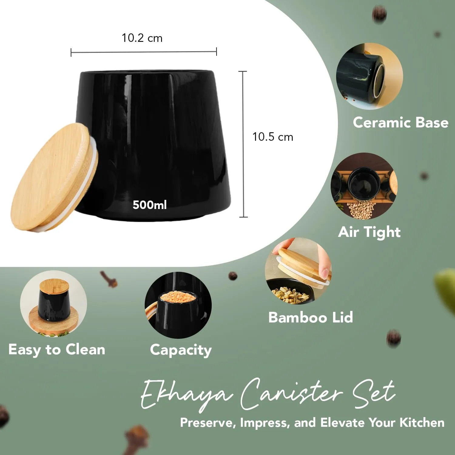 Ekhasa Ceramic Jar with Bamboo Lid for Multipurpose Kitchen Storage (500 ml, Black) | Airtight Container Jar for Kitchen | Tea, Coffee, Sugar, Snacks, Salt Container | Pickle Storage Barni