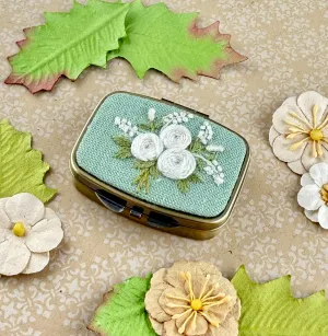 Embroidered Mini Pill/Jewelry Container - White Roses