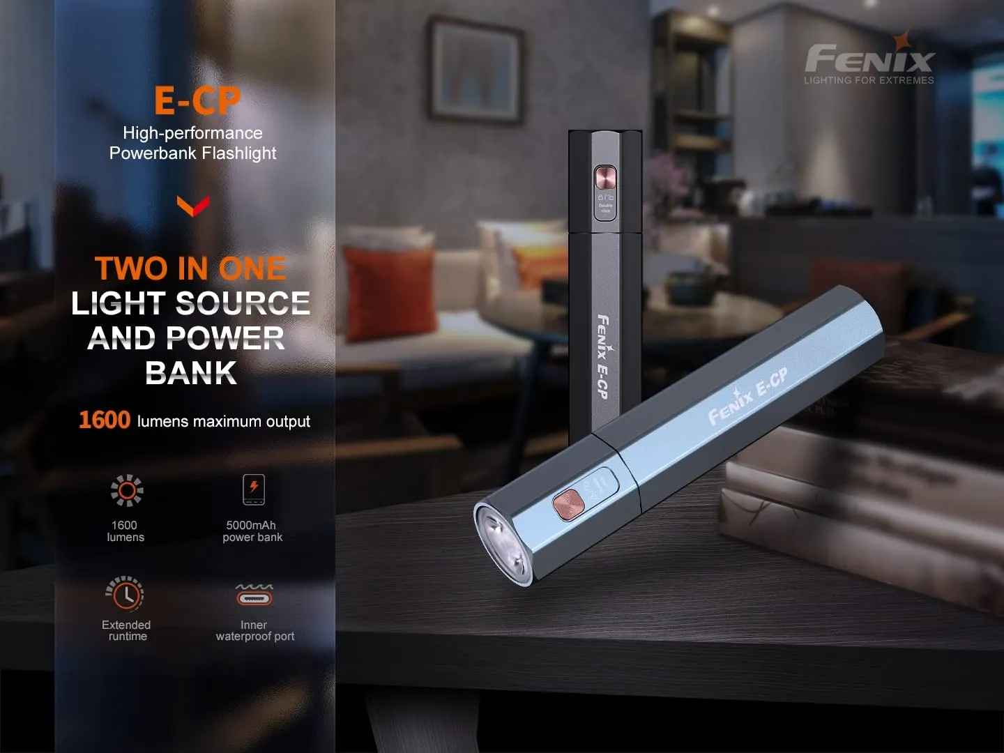 Fenix E-CP 1600 Lumen Rechargeable EDC Flashlight powerbank with EdisonBright Cable Carrier case