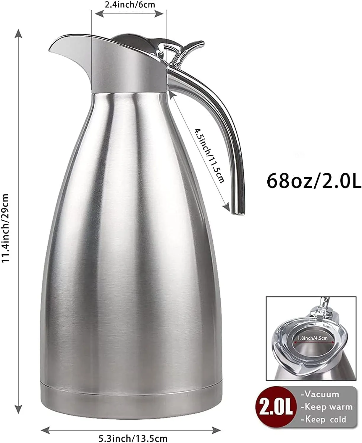 FnS Stainless Steel Coffee Thermos Carafe, Double Walled Vacuum Flask 12-Hour Heat and 24-Hour Cold Retention, Beverage Dispenser (2 LTR)