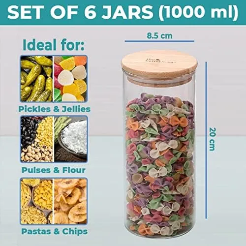 Gleevers X The Better Home Borosilicate Glass Jars | Kitchen Container Set And Storage Box, Glass Containers With Lid | Air Tight Containers For Kitchen Storage |Pack Of 6 (1000Ml), Brown