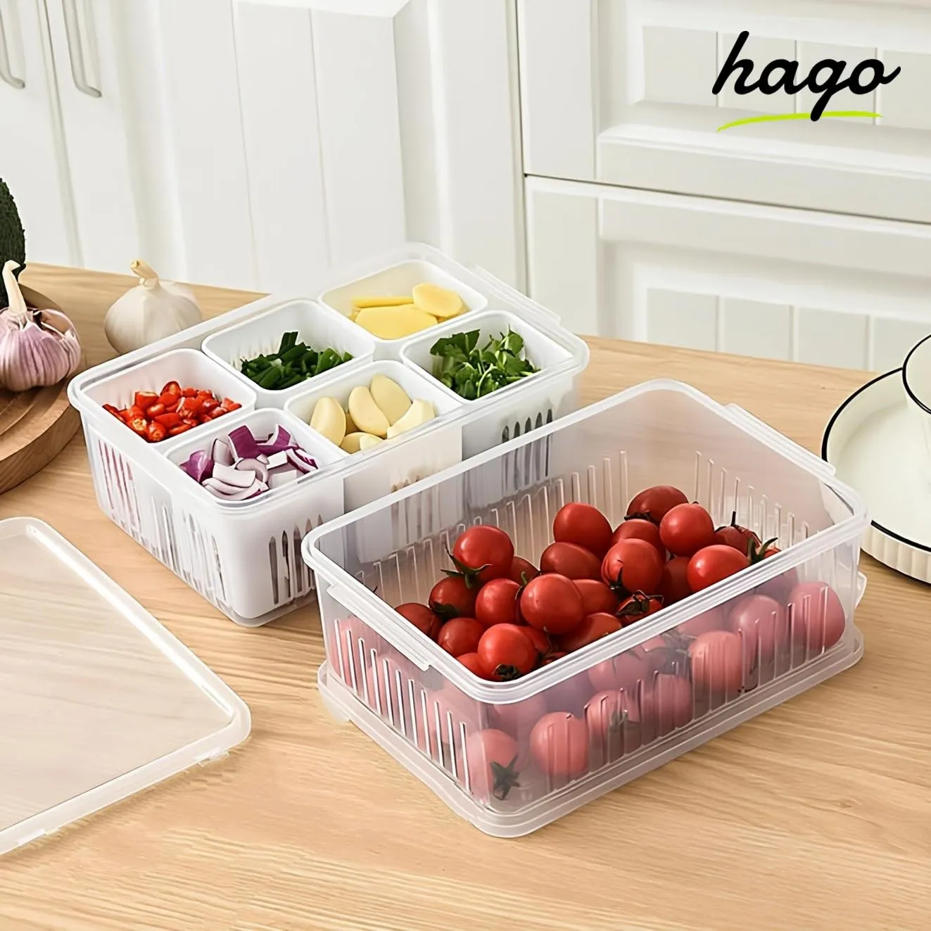 hago Fridge Storage Boxes Freezer Storage Containers, Container for Kitchen Storage Set, Storage in Kitchen, Vegetable Storage, Draining Crisper Refrigerator Food Box (1)