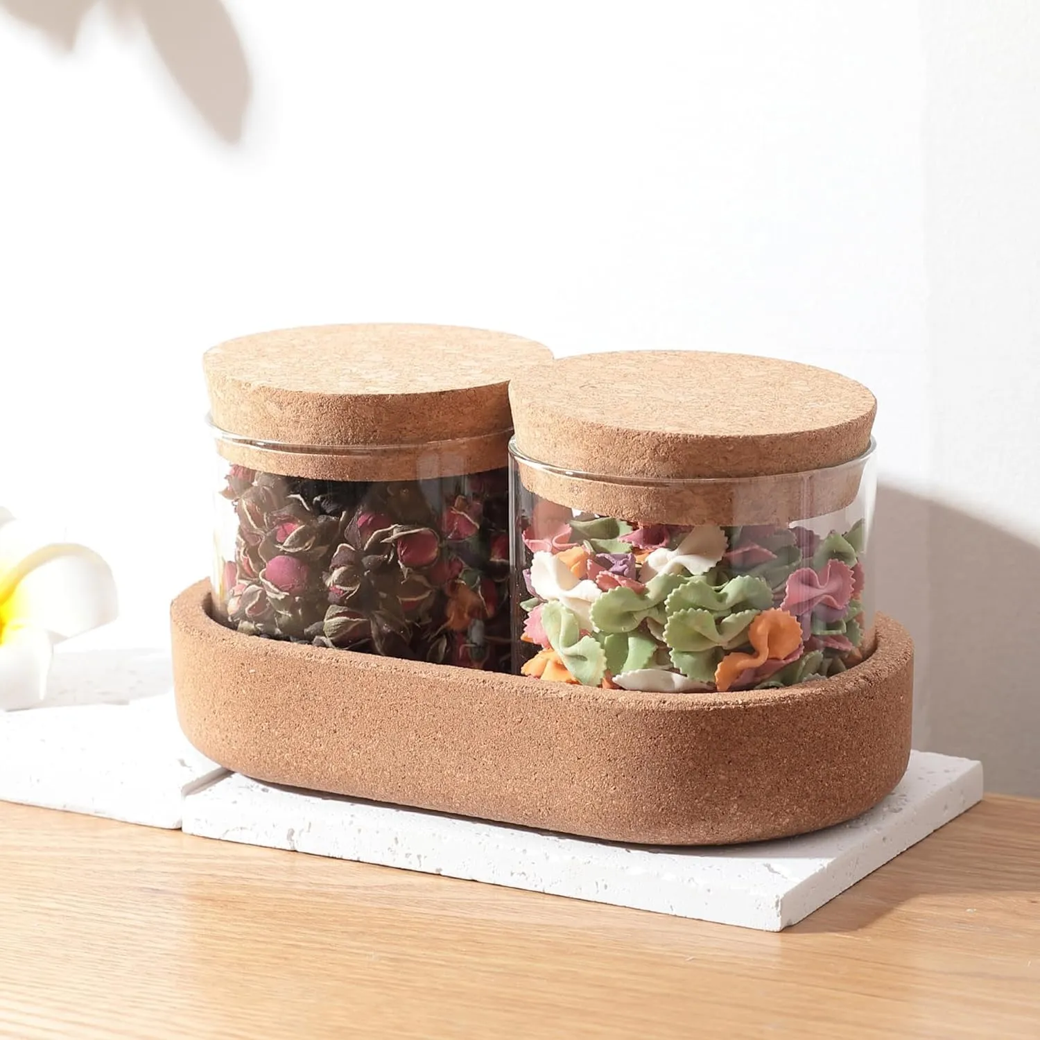 Homestic Borosilicate Jars With Cork Lids And A Cork Tray For Kitchen | Pack of 2 | 270ml | Airtight Glass Containers With Lid | Kitchen Containers Set | Multipurpose | Transparent