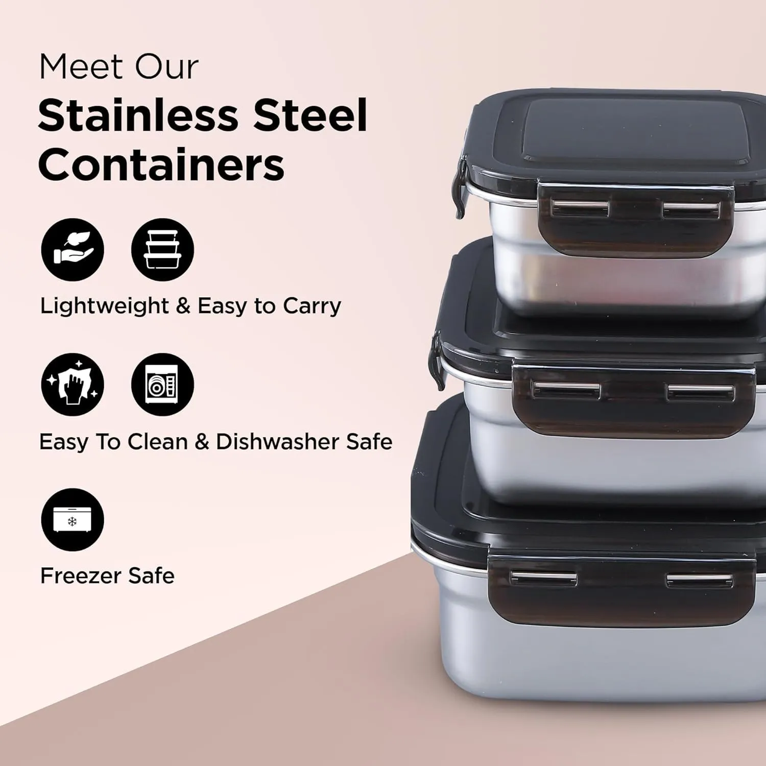 Homestic Stainless Steel Kitchen Containers With Lid Set of 3-400ml, 600ml & 900ml | Multipurpose Air Tight Food Storage Containers, Kitchen Organizer And Lunch Boxes For Office/School/College