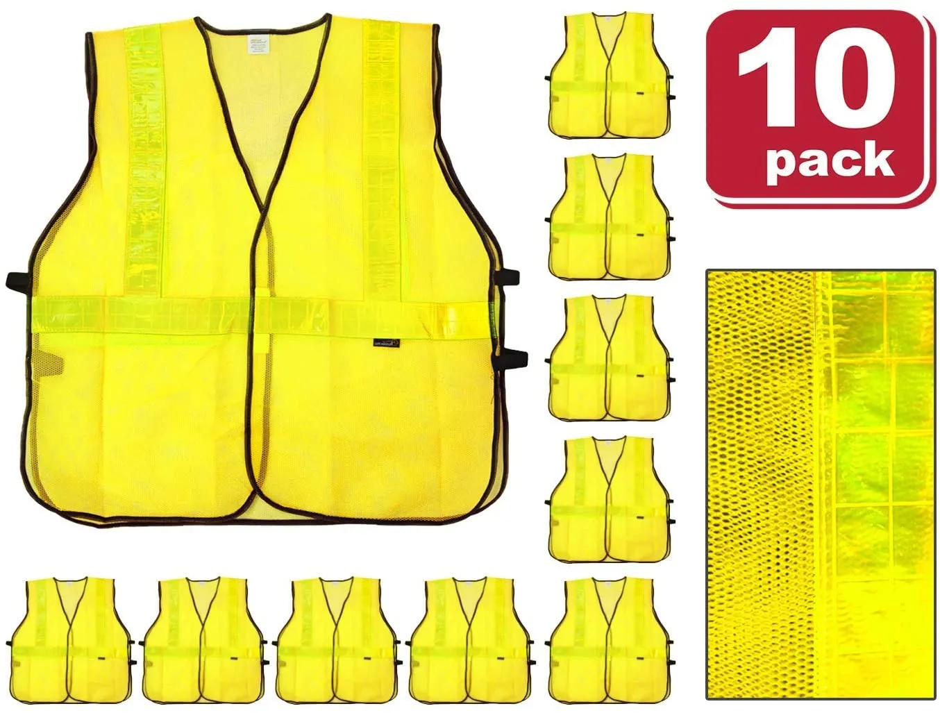 Lattice Reflective Safety Vests, Fluorescent, Hook & Loop Closer, Yellow