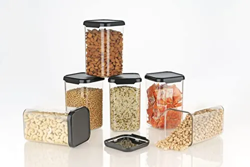 MATIC HOUSEWARE Air Tight Containers Storage Set For Kitchen , Pantry Organization, Bpa-Free, Dishwasher Safe (Pack Of 6, Black, 1100 ml, Plastic)