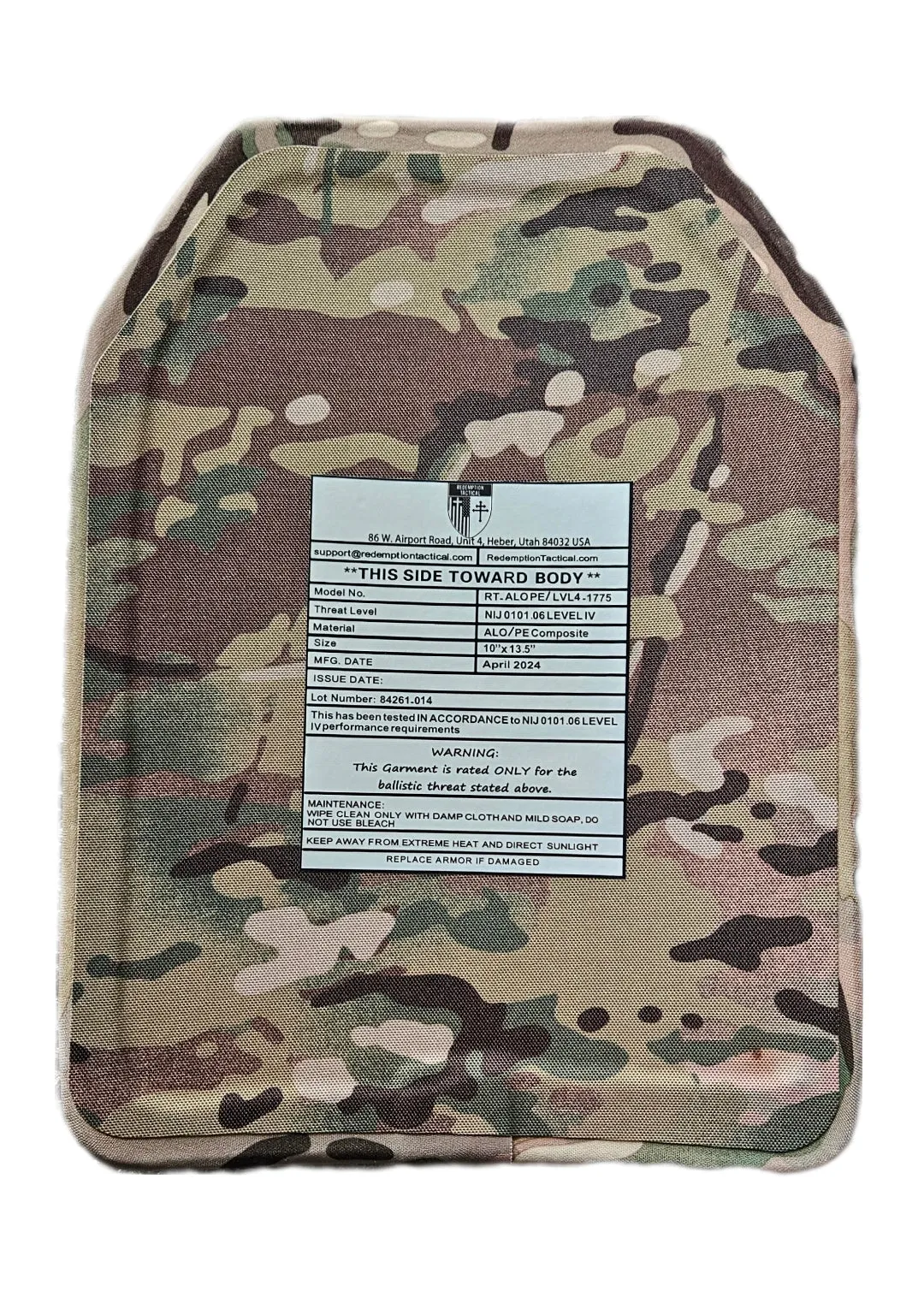 (One Plate) SIZE EXTRA LARGE Level IV (10"x13.5") Ballistic Front or Back Plate (Curved with Shooters Cut)