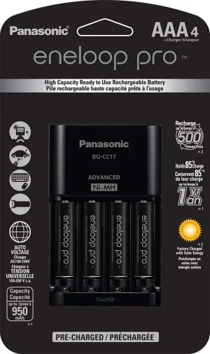 Panasonic KKJ17K3A4BA Eneloop Pro Rechargeable AAA Ni-Mh Batteries W/Charger (Pack Of Four)