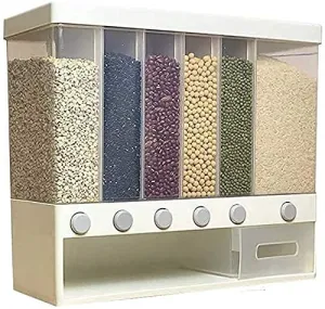 PULSBERY Plastic Wall Mounted Scent Dispenser - Large Capacity Organizer Storage With Free Control Of Grocery Output, Use For Dry Food, Rice, Dal For Dispenser, 6-Grid 12L Large