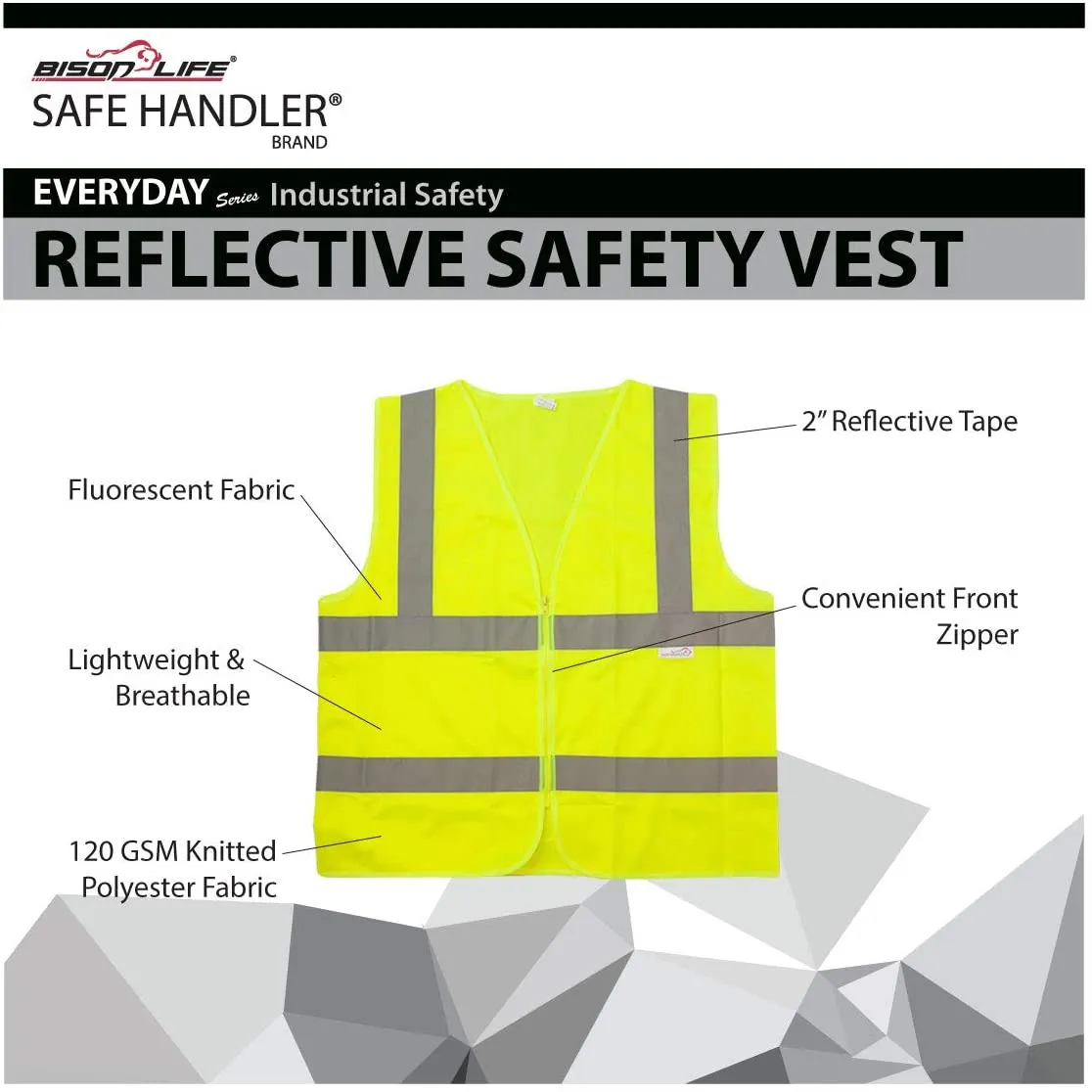 Reflective Safety Vest, Fluorescent Fabric, Zipper Closure , Yellow