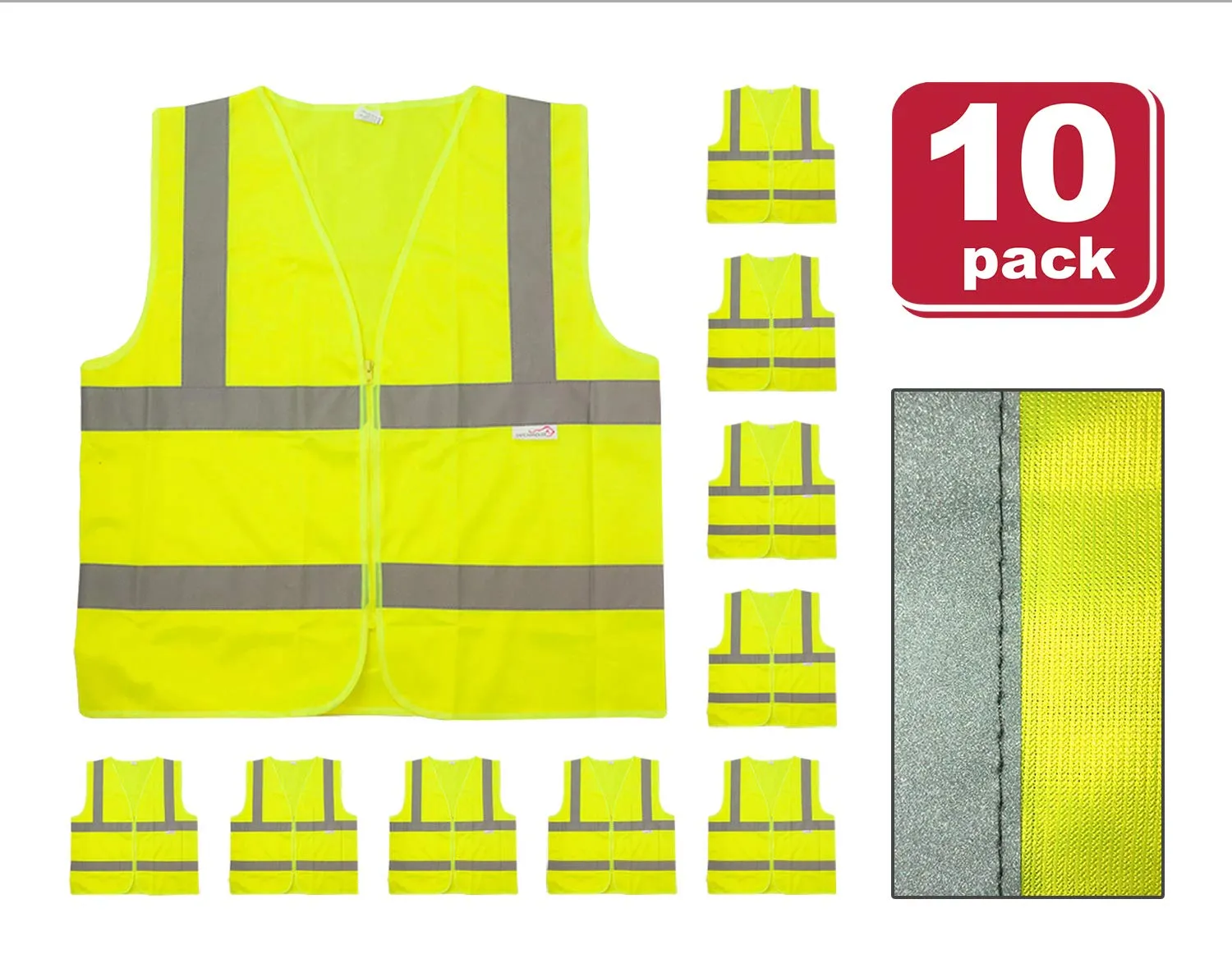 Reflective Safety Vest, Fluorescent Fabric, Zipper Closure , Yellow