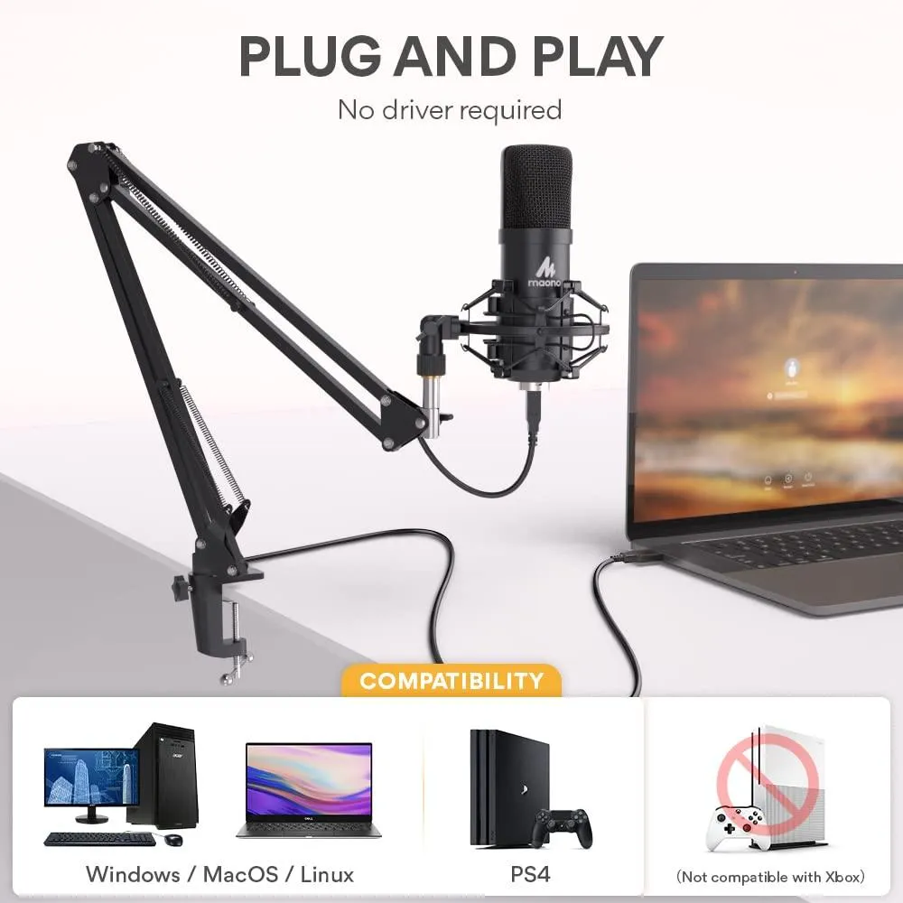 USB Microphone, MAONO 192kHz/24Bit Plug & Play PC Computer Podcast Condenser.